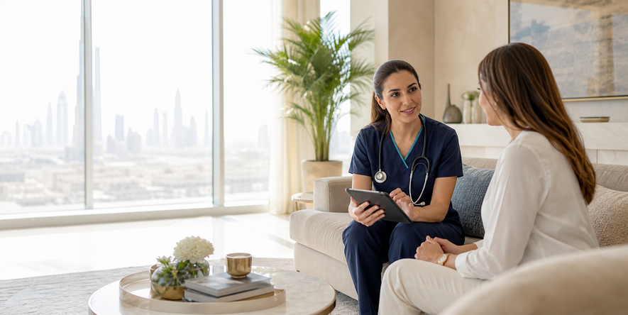 Healthcare professional consulting an adult patient at home in Dubai